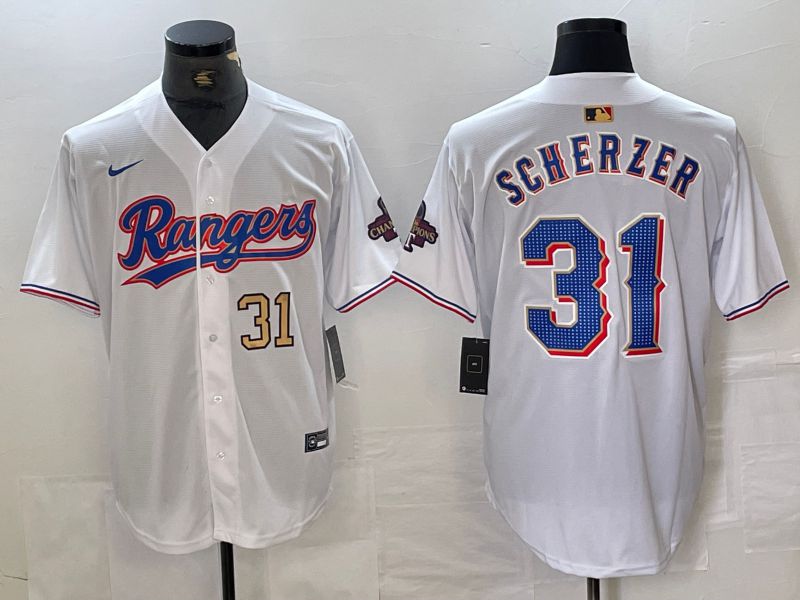 Men Texas Rangers 31 Scherzer White Champion Game Nike 2024 MLB Jersey style 4